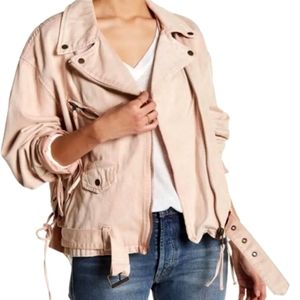 Free People Rose Pink Lace-Up Oversized Denim Moto Jacket